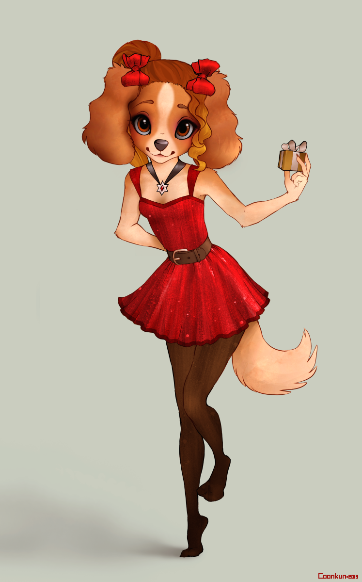 anthro clothed clothing dress female gift looking_at_viewer red_clothing red_dress simple_background solo coonkun pancake_puppy canid canine canis domestic_dog mammal hi_res