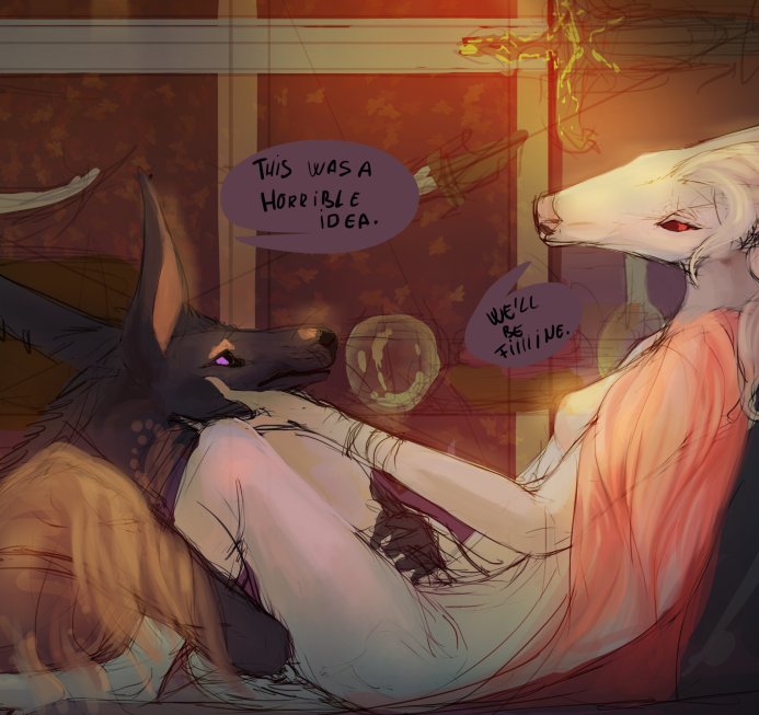 ambiguous_gender anthro breasts clothing dialogue duo exposed_breasts eye_contact female inviting leg_grab looking_at_another melee_weapon nipples speech_bubble sword text weapon velannal anna_(velannal) ashen_(velannal) canid canine canis deer mammal wolf english_text