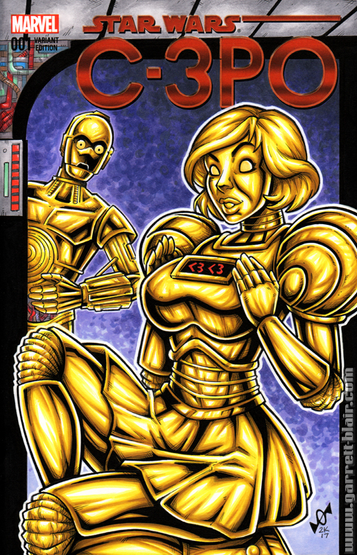 blonde_hair bottomwear breasts cleavage clothed clothing duo female gold_skin hair machine male not_furry short_hair skirt smile garrett_blair gb2k spaceballs star_wars c-3po dot_matrix_(spaceballs) 3po-series_protocol_droid android humanoid protocol_droid robot watermark