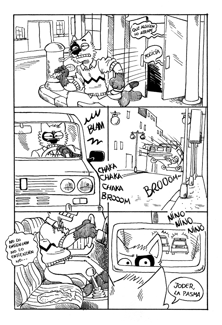 anthro car_chase clothed clothing detailed_background dialogue fur holding_object male solo speech_bubble text tongue rayfkm domestic_cat felid feline felis mammal black_and_white comic monochrome spanish_text translated