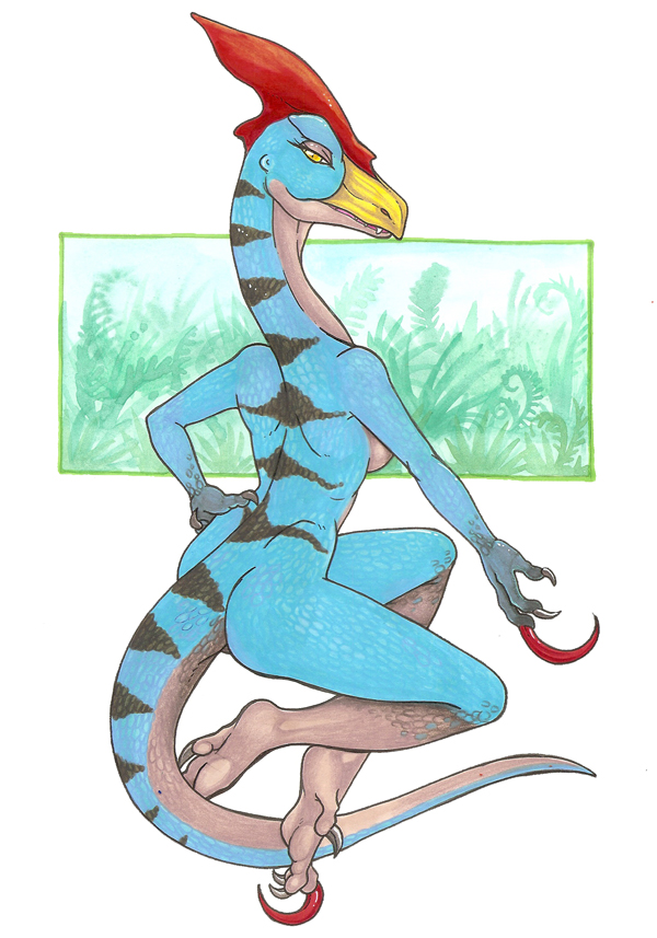 anthro beak blue_body blue_scales bone_frill breasts feet female frill_(anatomy) head_crest looking_at_viewer nude rear_view scales simple_background solo tail talons three-quarter_view toes white_background yellow_eyes calolily capcom monster_hunter bird_wyvern dinosaur dromaeosaurid prehistoric_species reptile scalie theropod velociprey velociraptor traditional_media_(artwork)