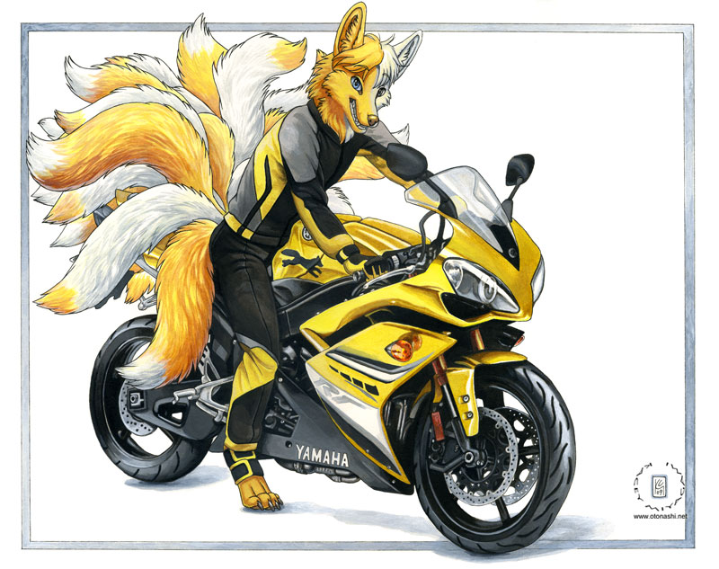 anthro bodysuit clothed clothing fur gloves handwear holding_fixture male motorcycle multi_tail multicolored_body multicolored_fur overalls simple_background skinsuit solo sports_bike tail tight_clothing two_tone_body two_tone_fur vehicle white_body white_fur yellow_body yellow_fur kacey yamaha canid canine fox mammal 2009