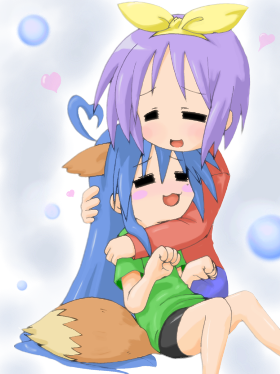 =_= accessory ahoge blue_hair blush blush_stickers bow_(feature) bow_accessory bow_ribbon clothed clothing duo eyes_closed female fox_tail hair hair_accessory hair_bow hair_ribbon heart_symbol hug long_hair lying purple_hair ribbons short_hair tail young unknown_artist lucky_star konata_izumi tsukasa_hiiragi animal_humanoid canid canid_humanoid canine canine_humanoid fox fox_humanoid humanoid mammal mammal_humanoid