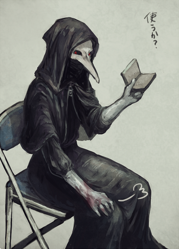 5_fingers anthro asking beak biped black_sclera black_text book capelet chair clothed clothing fingers folding_chair furniture gloves handwear holding_book holding_object hood male patting_lap plague_doctor pupils question_mark red_eyes simple_background sitting solo standing text white_background white_beak white_face amamidori scp_foundation scp-049 avian bird 2016 artist_name digital_media_(artwork) digital_painting_(artwork) greyscale japanese_text low_res monochrome signature translated