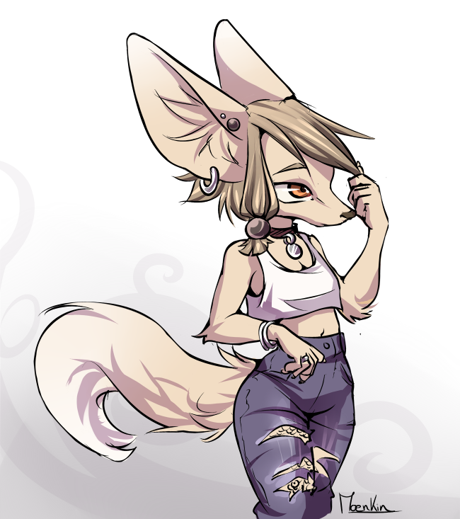 5_fingers anthro bracelet clothed clothing collar ear_piercing eyebrows female fingers fluffy fluffy_tail fur grey_nose hair jewelry midriff orange_eyes piercing simple_background solo tail tan_body tan_fur tan_hair white_background moenkin canid canine fennec_fox fox mammal true_fox