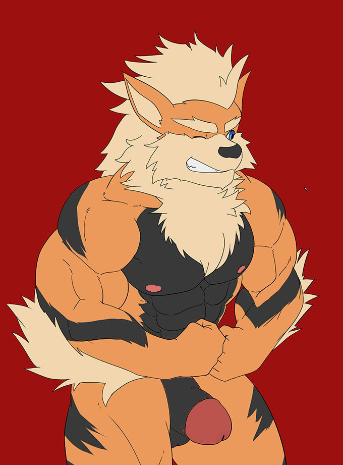 abs anthro balls biceps erection foreskin fur genitals humanoid_genitalia humanoid_hands humanoid_penis male manly muscular muscular_anthro muscular_arms muscular_male nipples nude pecs penis simple_background smile solo geng nintendo pokemon arcanine canid canine canis generation_1_pokemon mammal pokemon_(species)