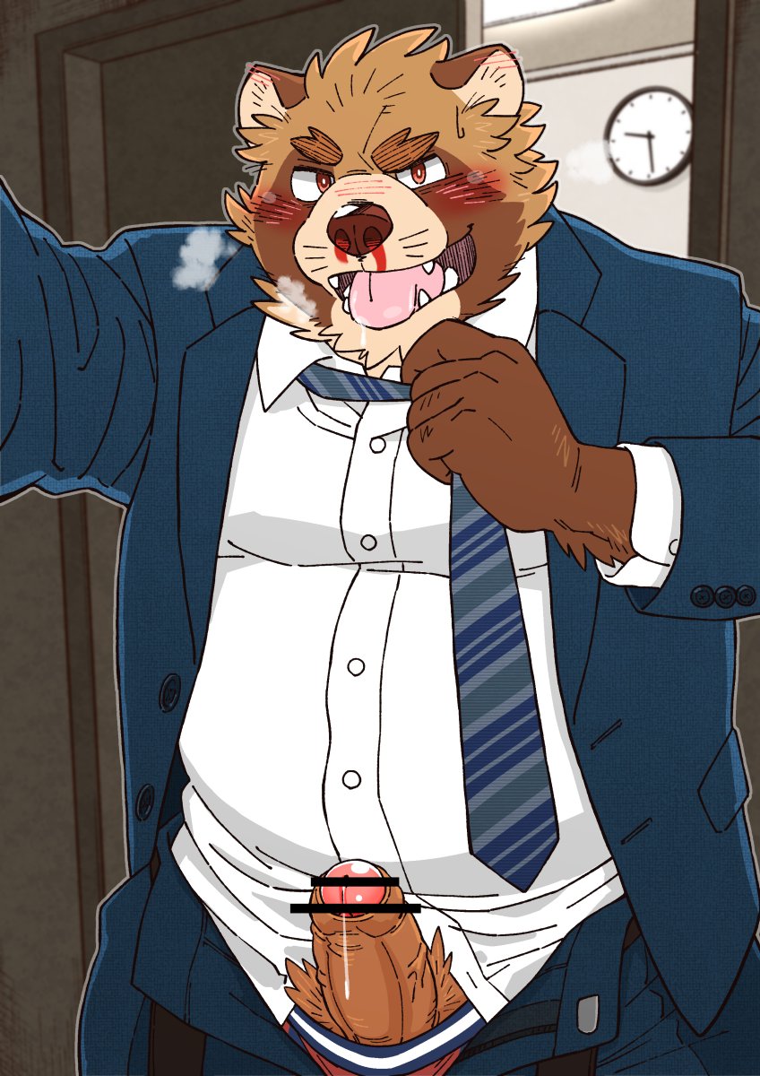 anime_nosebleed anthro belly blood blush bodily_fluids brown_body brown_fur clothing erection fur genital_fluids genitals kemono male necktie nosebleed overweight overweight_anthro overweight_male penis precum shirt solo topwear underwear undressing ryuta-h canid canine mammal raccoon_dog tanuki 2020 censored hi_res