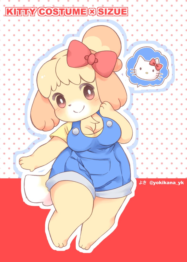 3_toes 4_fingers accessory anthro barefoot blush breasts chest_tuft clothed clothing cosplay feet female fingers fur hair hair_accessory headgear headwear overalls ribbons shirt short_stack simple_background smile solo speech_bubble text thick_thighs toes topwear tuft white_body white_fur yokikana_yk animal_crossing hello_kitty_(series) nintendo sanrio hello_kitty_(character) isabelle_(animal_crossing) canid canine canis domestic_cat domestic_dog felid feline felis mammal shih_tzu toy_dog crossover digital_media_(artwork) english_text