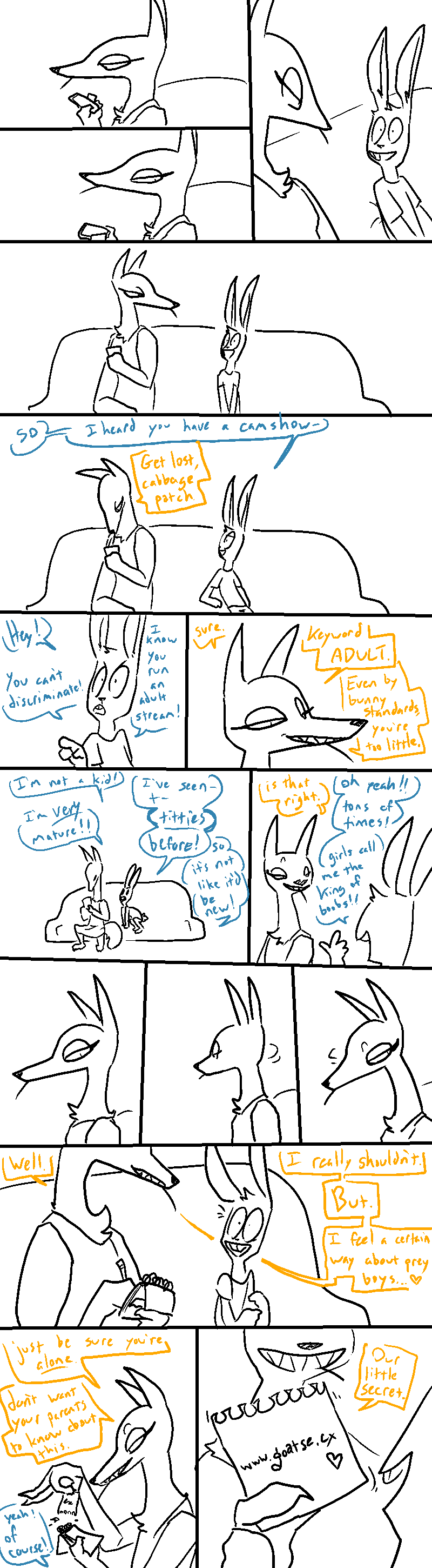 anthro dialogue duo electronics exclamation_point eyelashes female fingers humor male note_pad phone smile text the_weaver five_nights_at_freddy's pack_street scottgames avo_(weaver) bonnie_(fnaf) canid canine canis jackal lagomorph leporid mammal rabbit 2022 absurd_res comic digital_drawing_(artwork) digital_media_(artwork) english_text hi_res