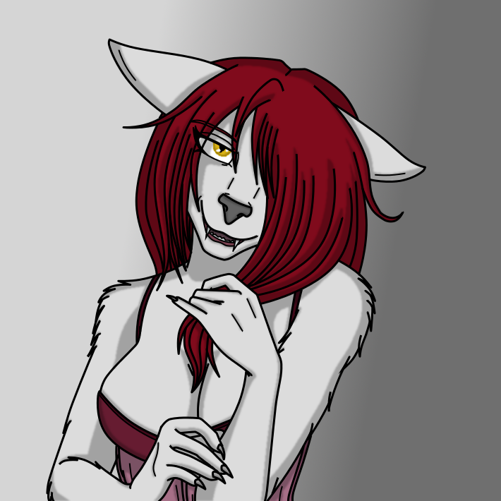 anthro female hair long_hair looking_at_viewer mature_anthro mature_female playful red_hair sleepwear smile solo yellow_eyes purple_promise hildegard_(purple_promise) canid canine canis mammal wolf 1:1