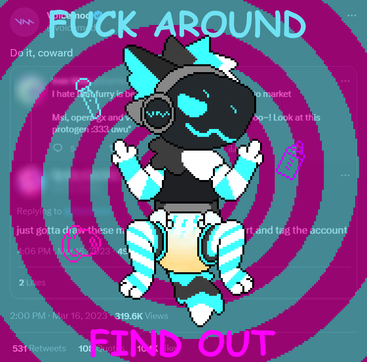 abstract_background ambiguous_gender anthro baby_bottle blue_eyes blue_mouth blue_nose blue_stripes bodily_fluids bottle bright_colors chastity_cage chastity_device clean_diaper clothing container diaper diaper_fetish flipping_viewer_off for_a_head genital_fluids gesture hand_gesture hypnosis long_socks machine middle_finger mind_control musical_note musical_symbol paws screen screen_face screencap screencap_background sex_toy solo spiral spiral_background stripes symbol text unclean_diaper urine used_diaper vibrator wand_vibrator watersports wet_diaper wetting wetting_diaper white_fingers young harleyfunnycat third-party_edit voicemod voicemod_protogen protogen digital_media_(artwork) english_text microsoft_paint_(artwork) screencap_edit