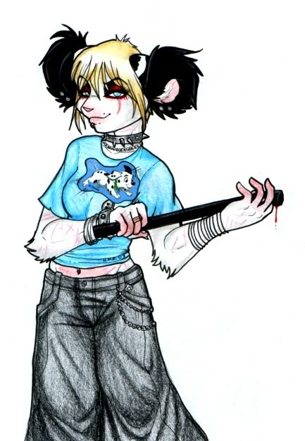 alternative_fashion anthro blonde_hair blood bodily_fluids bottomwear chelsea_hair_cut clothing ear_piercing female feral forward_helix_piercing glamfur goth hair helix_piercing heterochromia looking_at_viewer pants piercing police police_baton ring shirt shirt_logo short_hair simple_background solo topwear white_background zeriara disney zeriara_(character) canid canine canis dalmatian domestic_dog lemur mammal primate strepsirrhine traditional_media_(artwork)