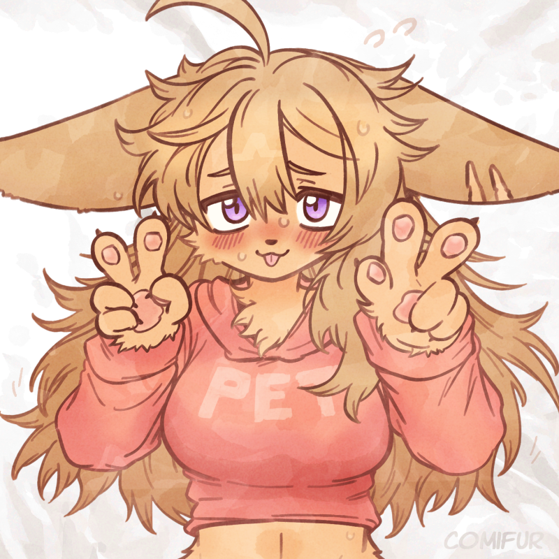 5_fingers ahoge anthro blep blush bodily_fluids breasts claws clothed clothing cropped_hoodie cropped_topwear double_v_sign female female_anthro finger_claws fingers flying_sweatdrops fur gesture hair hand_gesture hoodie long_ears long_hair looking_at_viewer messy_hair pawpads purple_eyes solo sweat sweatdrop tan_body tan_fur tan_hair text text_on_clothing tongue tongue_out topwear v_sign comifur loomy_(comifur) canid canine canis domestic_dog mammal 1:1 2023 digital_drawing_(artwork) digital_media_(artwork) english_text