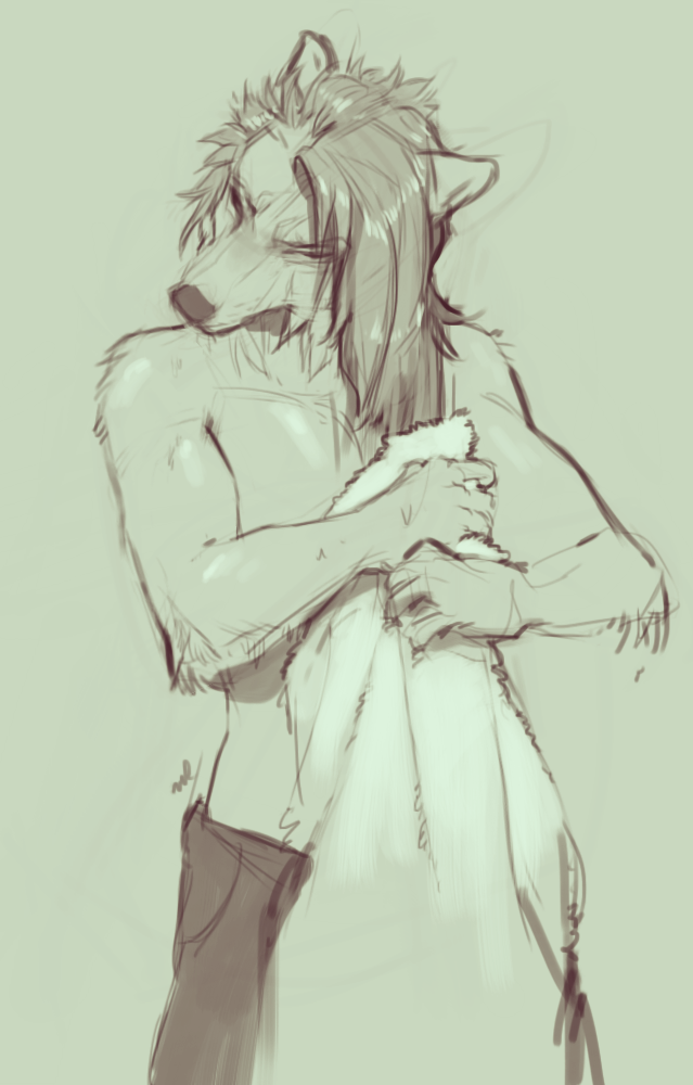 clothed clothing eyes_closed hair long_hair male solo standing topless towel thrushes canid canine canis domestic_dog mammal 2017 monochrome sketch