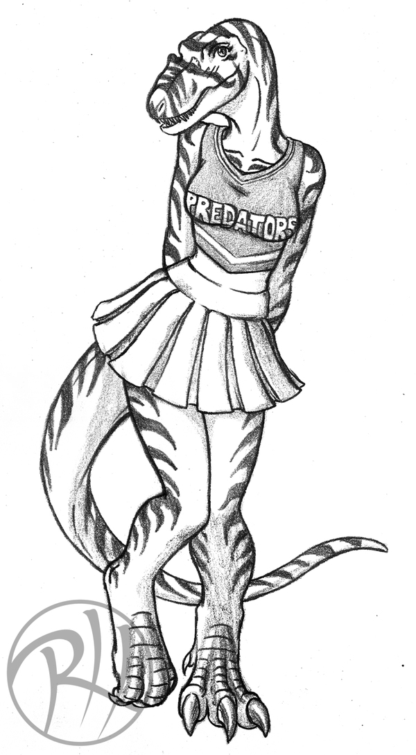 anthro bottomwear breasts cheerleader claws clothed clothing female looking_at_viewer non-mammal_breasts scu_gang shirt shy skirt smile solo standing striped_body stripes teeth text text_on_clothing text_on_shirt text_on_topwear toe_claws topwear uniform predaguy anthrosaurs amber_(raphael) allosaurid allosaurus dinosaur ornithischian prehistoric_species reptile scalie theropod 2014 digital_media_(artwork) english_text monochrome sketch url