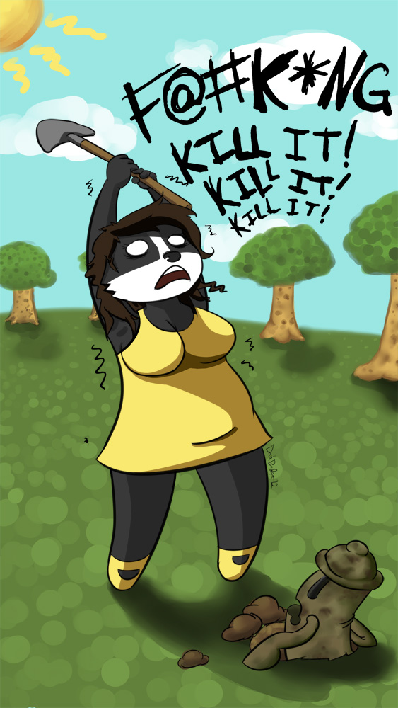 anthro arms_above_head big_breasts biped black_body black_face black_fur black_nose black_text blue_sky breasts brown_hair chibi clothing cloud dark_body dark_fur dark_nose dark_text day detailed_background dialogue dirty dress duo empty_eyes featureless_feet feet female footwear fur grass grey_body hair holding_object holding_shovel holding_tool hole_(anatomy) improvised_weapon monotone_clothing monotone_dress monotone_footwear monotone_hair multicolored_body multicolored_face multicolored_fur open_mouth outside plant profanity scared shadow shovel sky slightly_chubby standing sun teeth text tools toony tree two_tone_body two_tone_face two_tone_fur weapon what white_body white_eyes white_face white_fur yelling yellow_clothing yellow_dress yellow_footwear yellow_outfit datbadger animal_crossing nintendo catherine_(datbadger) badger european_badger gyroid mammal meles mustelid musteline undead zombie digital_media_(artwork) english_text