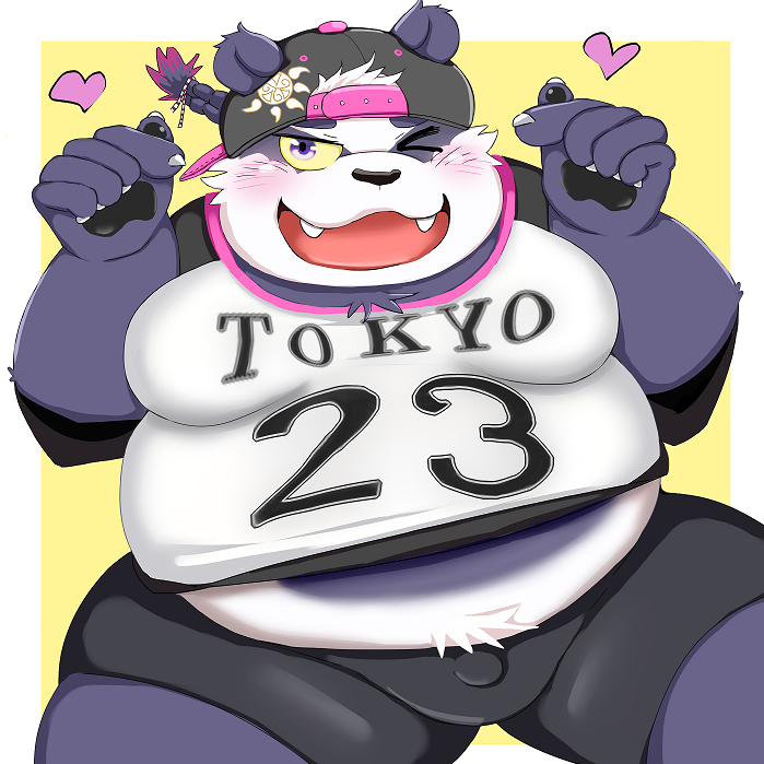 anthro belly big_belly blush bottomwear bulge clothing hat headgear headwear humanoid_hands kemono male moobs overweight overweight_male purple_body shirt shorts solo topwear white_body marumori0619 lifewonders tokyo_afterschool_summoners alp_(tas) bear giant_panda mammal 1:1 2022