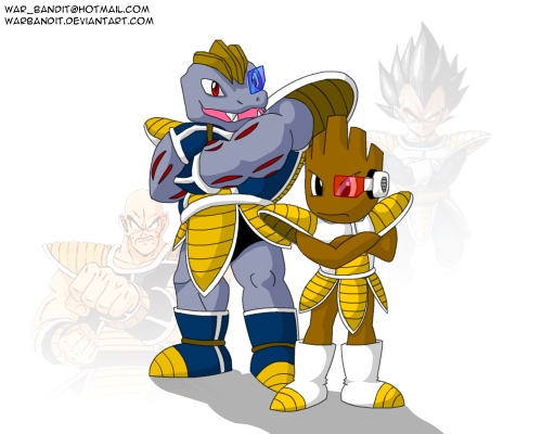 battle_armor black_eyes boots clothing cosplay duo fangs footwear gloves handwear male muscular red_eyes scouter shoes simple_background teeth text white_background warbandit dragon_ball dragon_ball_z nintendo pokemon nappa vegeta generation_1_pokemon hitmonchan humanoid machoke pokemon_(species) 5:4 crossover low_res url