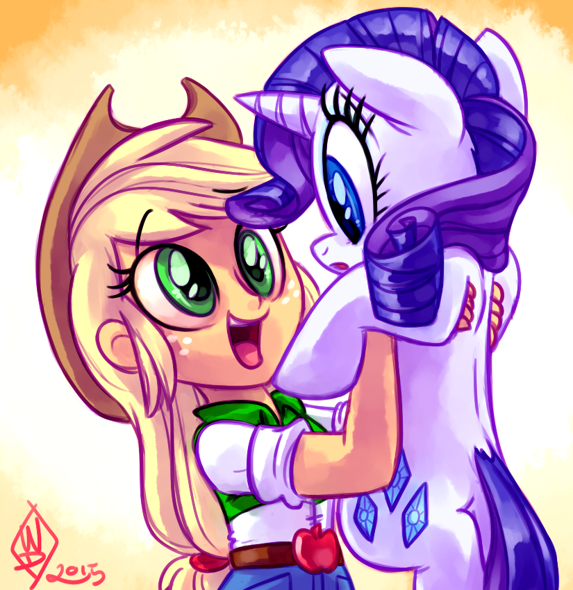 blonde_hair blue_eyes clothed clothing cowboy_hat cutie_mark duo eyeshadow female feral freckles green_eyes hair hat headgear headwear horn long_hair makeup open_mouth orange_body orange_skin pink_tongue purple_hair shirt simple_background tongue topwear white_body whitediamonds equestria_girls friendship_is_magic hasbro my_little_pony mythology applejack_(eg) rarity_(mlp) equid equine human mammal mythological_creature mythological_equine unicorn 2015 signature