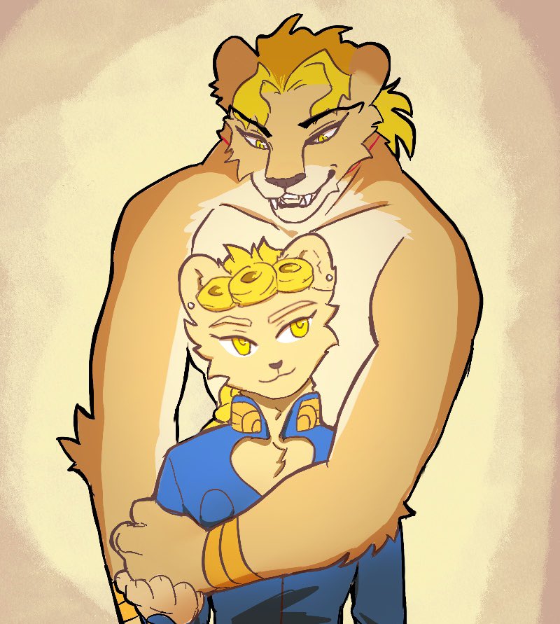 alternate_species anthro arm_tuft blonde_hair bracelet duo ear_piercing ear_ring furrification hair hand_holding jewelry larger_anthro larger_male male piercing ring_piercing size_difference smaller_anthro smaller_male smile teeth tuft yellow_eyes young boni_(artist) jojo's_bizarre_adventure dio_brando giorno_giovanna felid lion mammal pantherine father_(lore) father_and_child_(lore) father_and_son_(lore) parent_(lore) parent_and_child_(lore) parent_and_son_(lore) son_(lore)