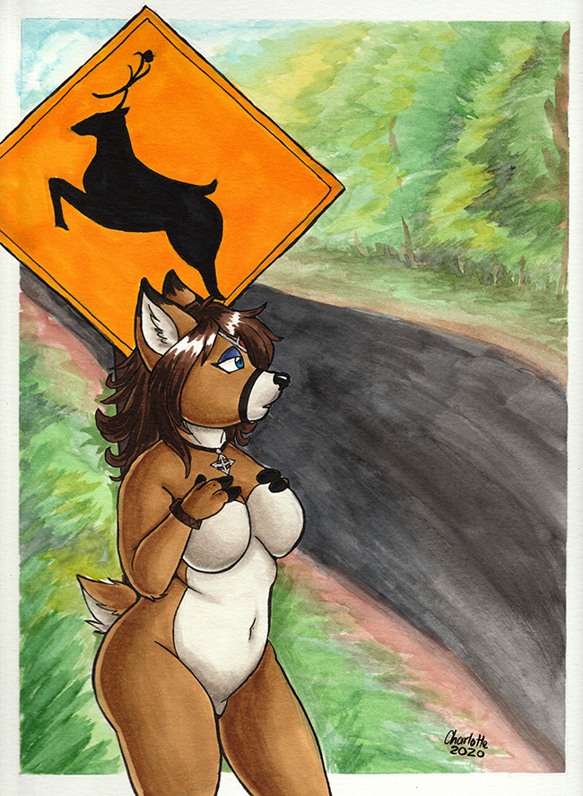 anthro biped black_nose blue_eyes breasts crossing_sign female jewelry navel necklace pendant planted_sign road road_sign sign solo wildlife_crossing_sign bigladydragon deer mammal 2020