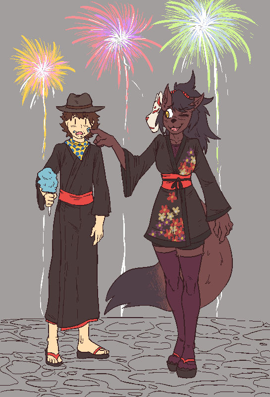 anthro asian_clothing breasts clothing dating duo east_asian_clothing female fireworks hair human_on_anthro interspecies japanese_clothing kimono long_hair male male/female romantic romantic_couple tail signirsol undertale_(series) undertale_yellow clover_(undertale_yellow) kanako_ketsukane canid canine fox human mammal