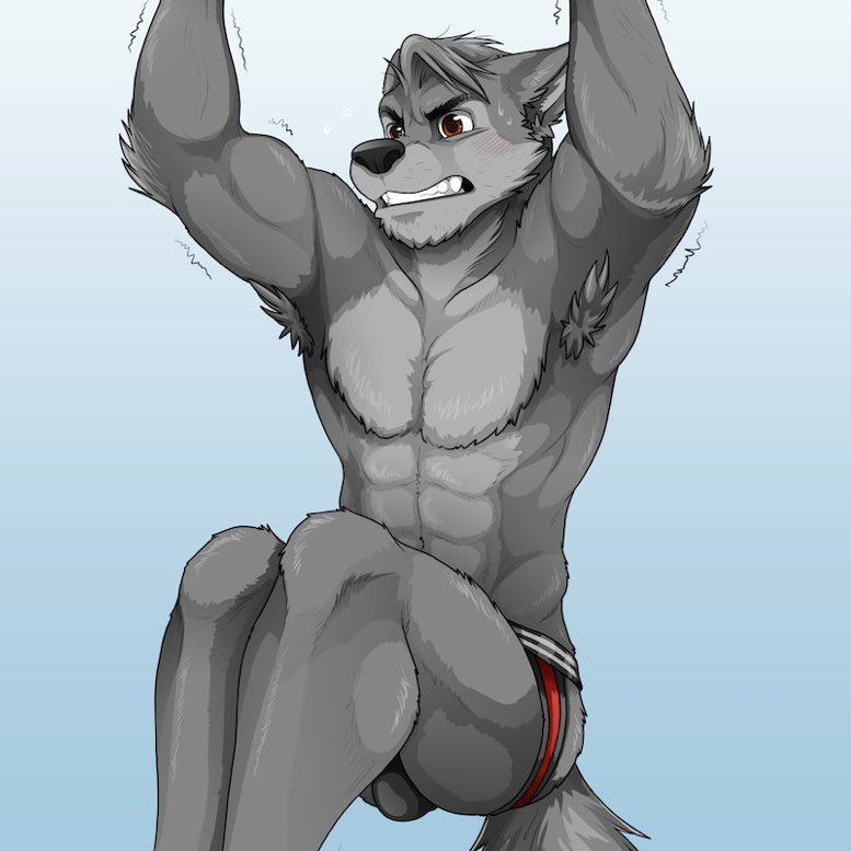 abs anthro armpit_hair biceps black_nose blush bodily_fluids body_hair brown_eyes bulge clenched_teeth clothed clothing exercise fur grey_body grey_fur jock jockstrap jockstrap_only male muscular muscular_anthro muscular_male pecs pull-up_(exercise) solo sweat teeth topless topless_male underwear underwear_only jackaloo cooper_estevez canid canine canis mammal wolf 1:1