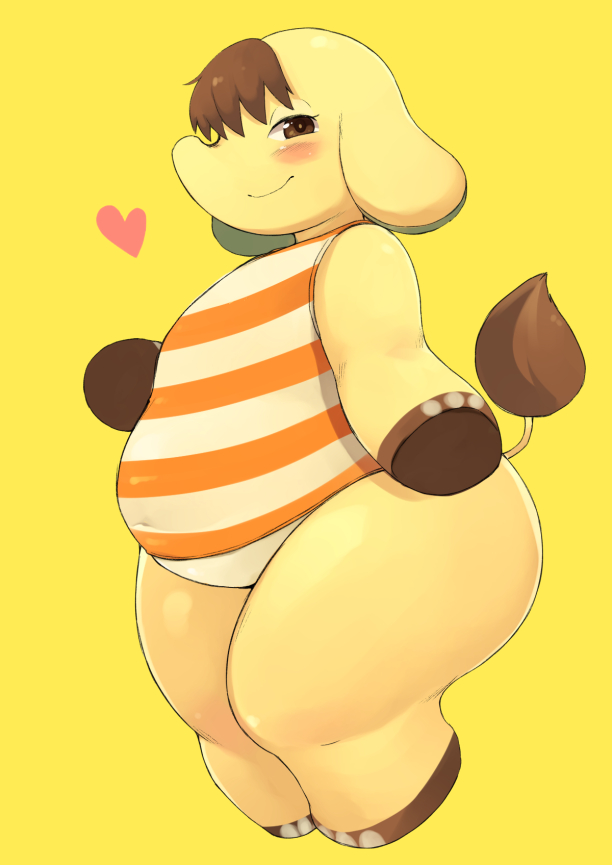 anthro belly big_belly blush bottomless clothed clothing elephant_toe_hands female hair heart_symbol kemono one-piece_swimsuit overweight overweight_anthro overweight_female pose short_stack smile solo swimwear trunk akitaka animal_crossing nintendo eloise_(animal_crossing) elephant elephantid mammal proboscidean