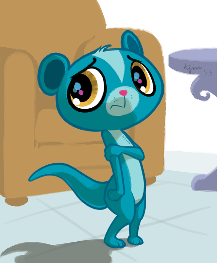 3_toes 4_fingers anthro barefoot big_eyes biped blue_body blue_fur chair feet feral fingers fur furniture holding_arm huge_head inside looking_at_viewer male nude orange_eyes pink_nose solo standing tail toes toony ajin hasbro littlest_pet_shop littlest_pet_shop_(2012) sunil_nevla herpestid mammal mongoose 2013 cel_shading shaded signature