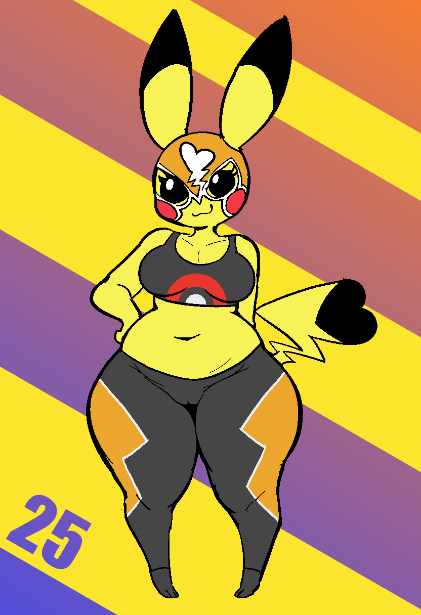 anthro anthrofied belly bra breasts camel_toe clothed clothing cosplay_pikachu_(costume) female mask midriff navel number pokemorph short_stack solo sports_bra underwear pirpole_haze nintendo pokemon cosplay_pikachu_(character) pikachu_libre generation_1_pokemon pikachu pokemon_(species) digital_media_(artwork) hi_res