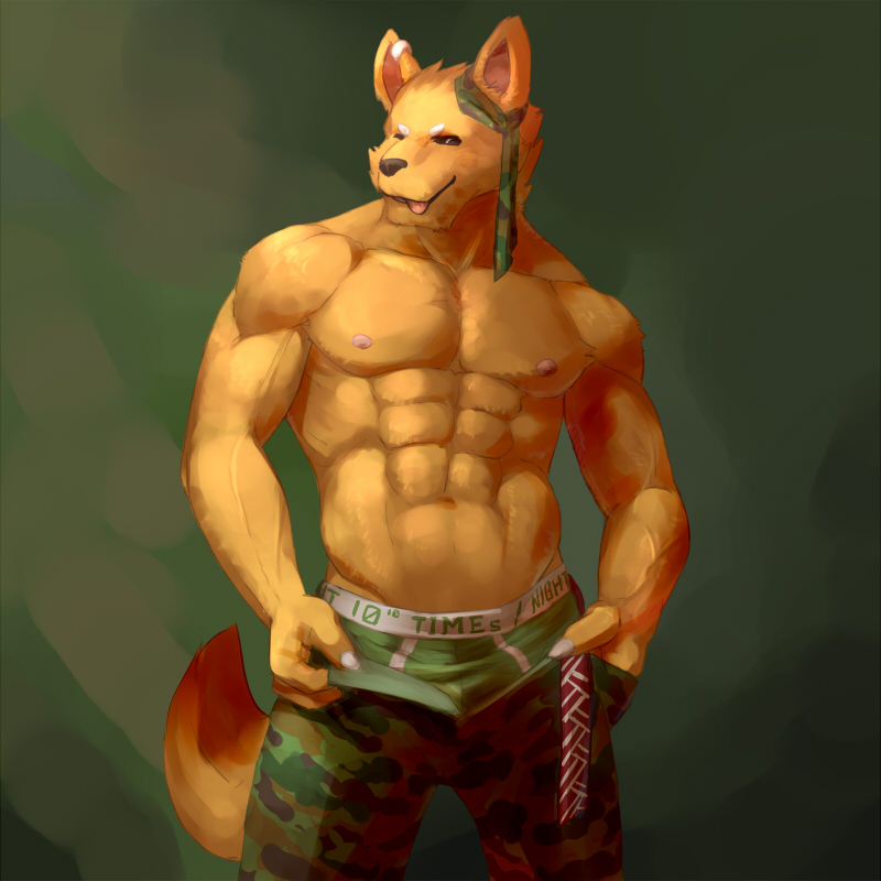 abs abstract_background anthro athletic biceps big_muscles biped black_nose bottomwear boxer_briefs brown_body brown_fur clothed clothing ear_piercing ear_ring fur green_clothing green_underwear kerchief looking_at_viewer male muscular muscular_anthro muscular_male nipples one_eye_closed open_mouth pants paws pecs piercing pose ring_piercing sagging simple_background solo standing tan_body tan_fur tongue tongue_out topless underwear undressing vein yellow_body yellow_eyes yellow_fur ainro canid canine canis domestic_dog mammal 1:1 unavailable_at_source