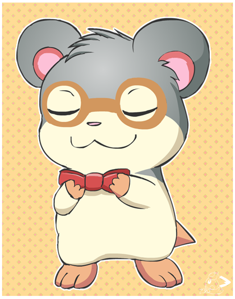 bow_tie dotted_background eyes_closed feral fur fur_markings grey_body grey_fur male markings orange_background pattern_background red_bow_tie simple_background smile solo tan_body tan_fur pichu90 hamtaro_(series) dexter_(hamtaro) cricetid hamster mammal rodent signature