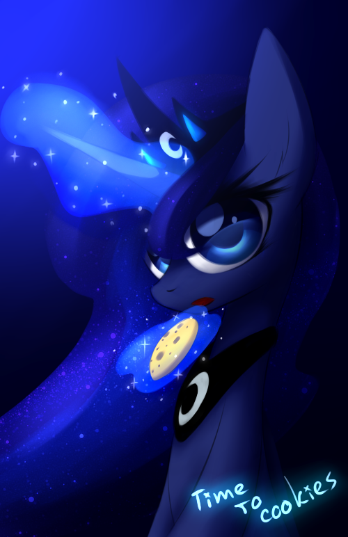 blue_body blue_eyes blue_fur blue_hair cookie eyelashes female feral food fur hair horn magic simple_background solo text queenbloodysky friendship_is_magic hasbro my_little_pony mythology princess_luna_(mlp) equid equine mammal mythological_creature mythological_equine unicorn english_text