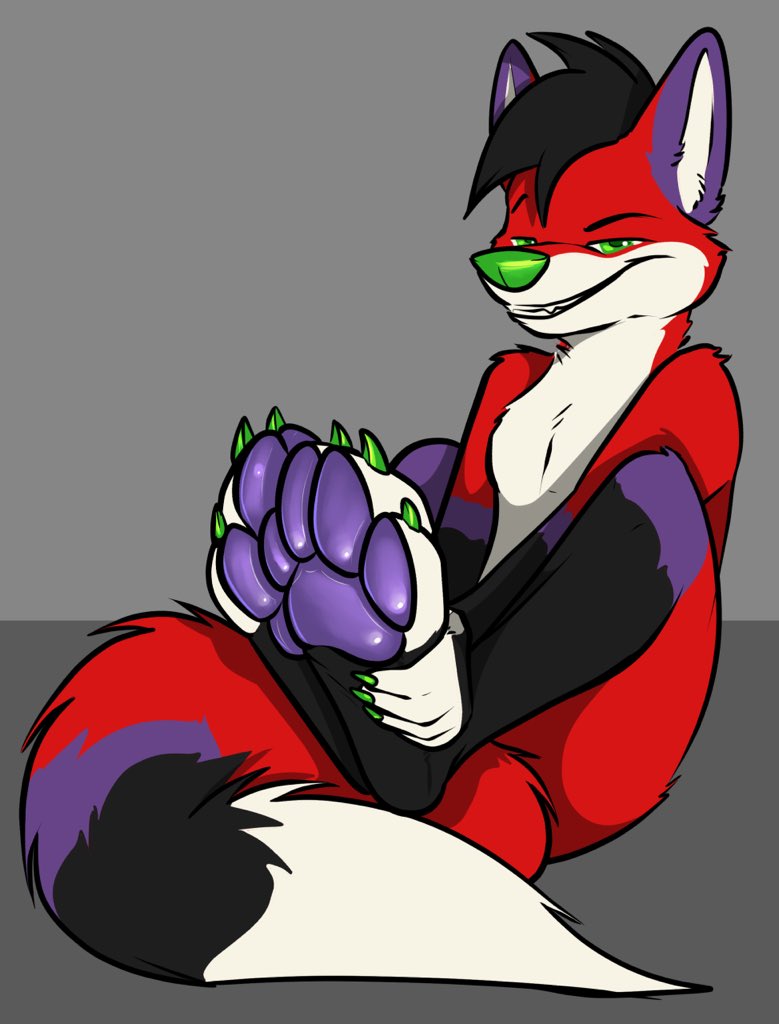 anthro claws feet foot_fetish foot_focus fur green_eyes grin male pawpads paws raised_paw smile solo youtuber akudrache majira_strawberry canid canine fox mammal