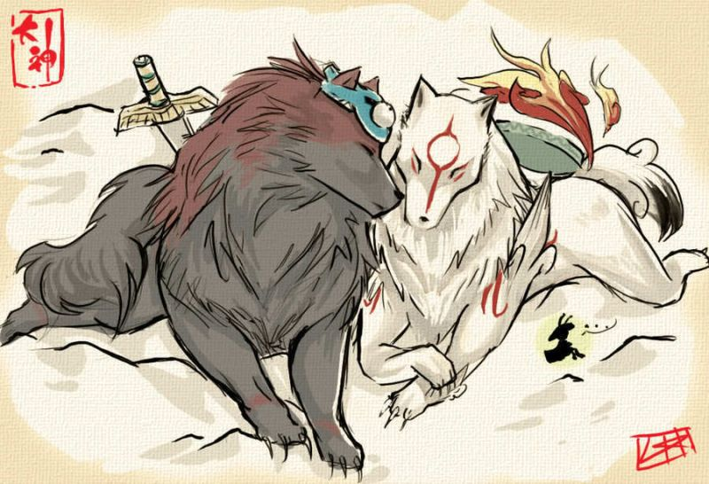 ambiguous_gender claws digitigrade eyes_closed feral fur group lying mask melee_weapon quadruped sword tail weapon white_body white_fur syberfox capcom clover_studio okami_(capcom) amaterasu_(okami) issun_(okami) oki_(okami) canid canine canis deity mammal poncle wolf