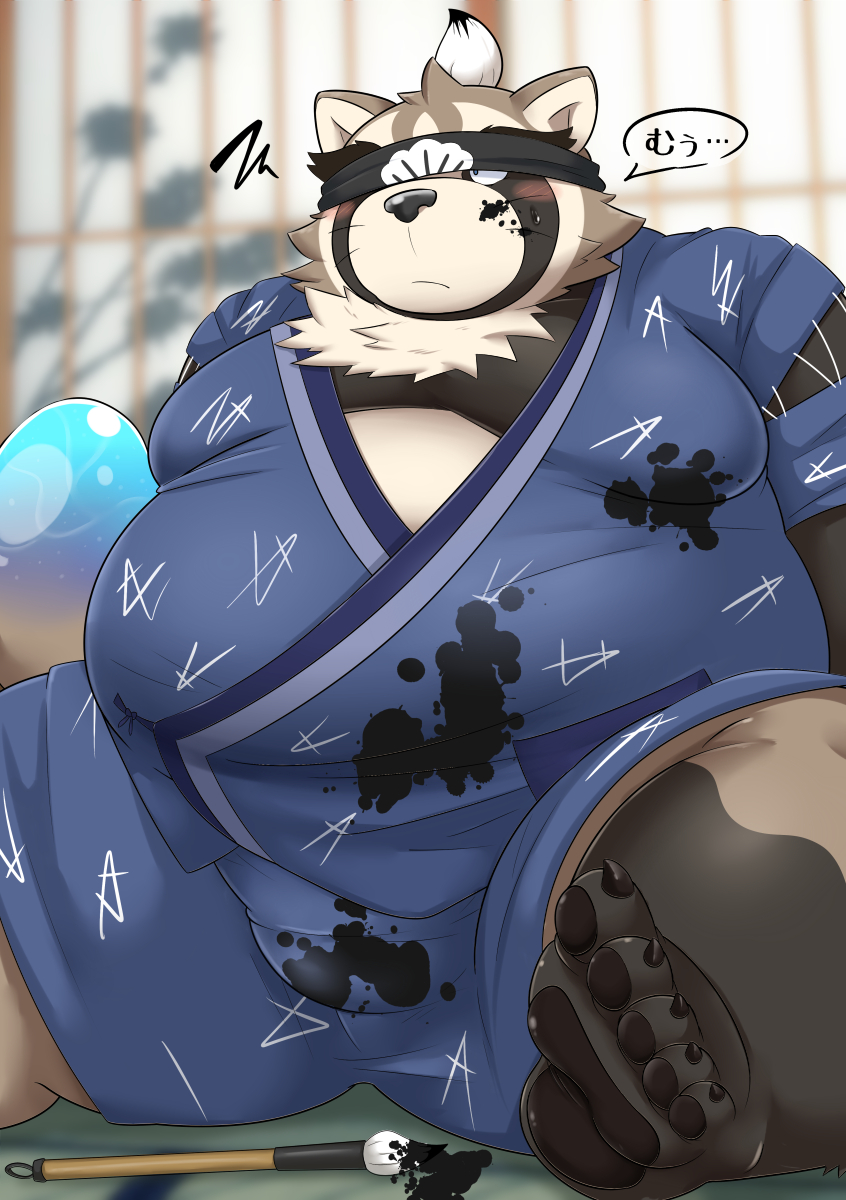 anthro belly big_belly black_nose blush brown_body brush feet jinbei_(clothing) kemono male overweight overweight_male paintbrush sitting solo text bake_gosut lifewonders live_a_hero shoen canid canine mammal raccoon_dog tanuki 2022 hi_res japanese_text