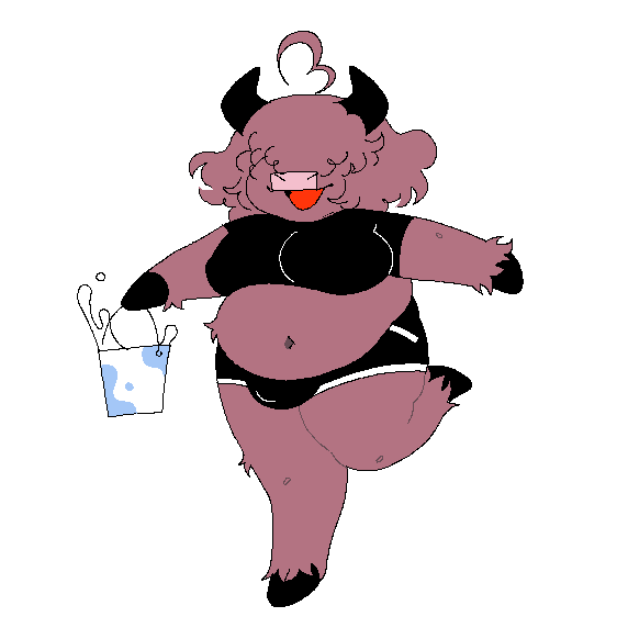 anthro bangs belly big_belly big_breasts blinding_bangs bodily_fluids bottomwear breasts brown_body bulge clothing curled_hair fluffy gynomorph hair hair_over_eyes hooves horn intersex milk navel overweight short_stack shorts solo thick_thighs sleepygirlthing bovid bovine cattle highland_cattle mammal trans_(lore) trans_woman_(lore)