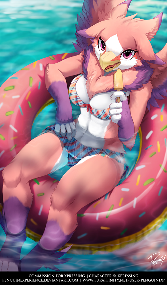 3_toes anthro arm_tuft barefoot beak bikini blue_bottomwear blue_clothing blue_topwear bottomwear chest_tuft clothed clothing eyelashes feet female food fur gloves_(marking) head_tuft looking_at_viewer markings partially_submerged paws pink_body pink_eyes pink_fur pool_toy popsicle purple_body purple_fur red_bottomwear red_clothing red_topwear shoulder_tuft solo swimwear text toes topwear tuft two-piece_swimsuit water yellow_beak penguinexperience froxtz avian english_text signature url