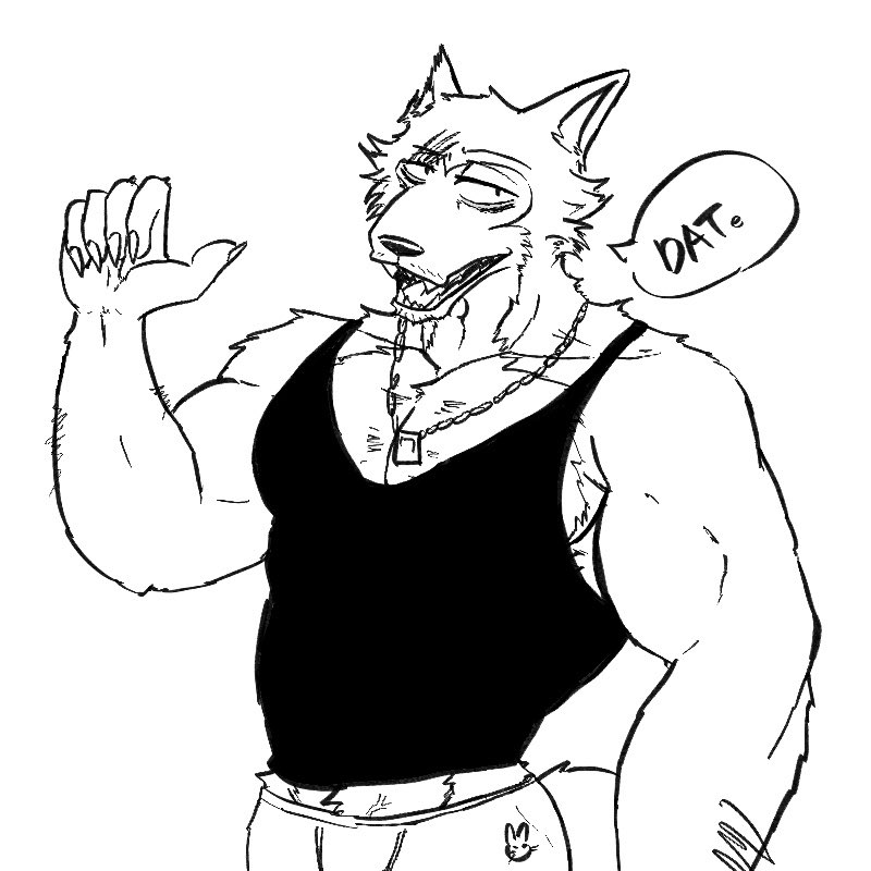 5_fingers anthro biceps black_clothing black_shirt black_tank_top black_topwear canine_teeth claws clothing facial_scar fingers gesture hand_gesture jewelry male muscular muscular_anthro muscular_male necklace pointing pointing_at_self scar shirt solo standing tank_top topwear underwear dat_del_luna beastars legoshi_(beastars) canid canine canis mammal wolf 1:1 2025 monochrome