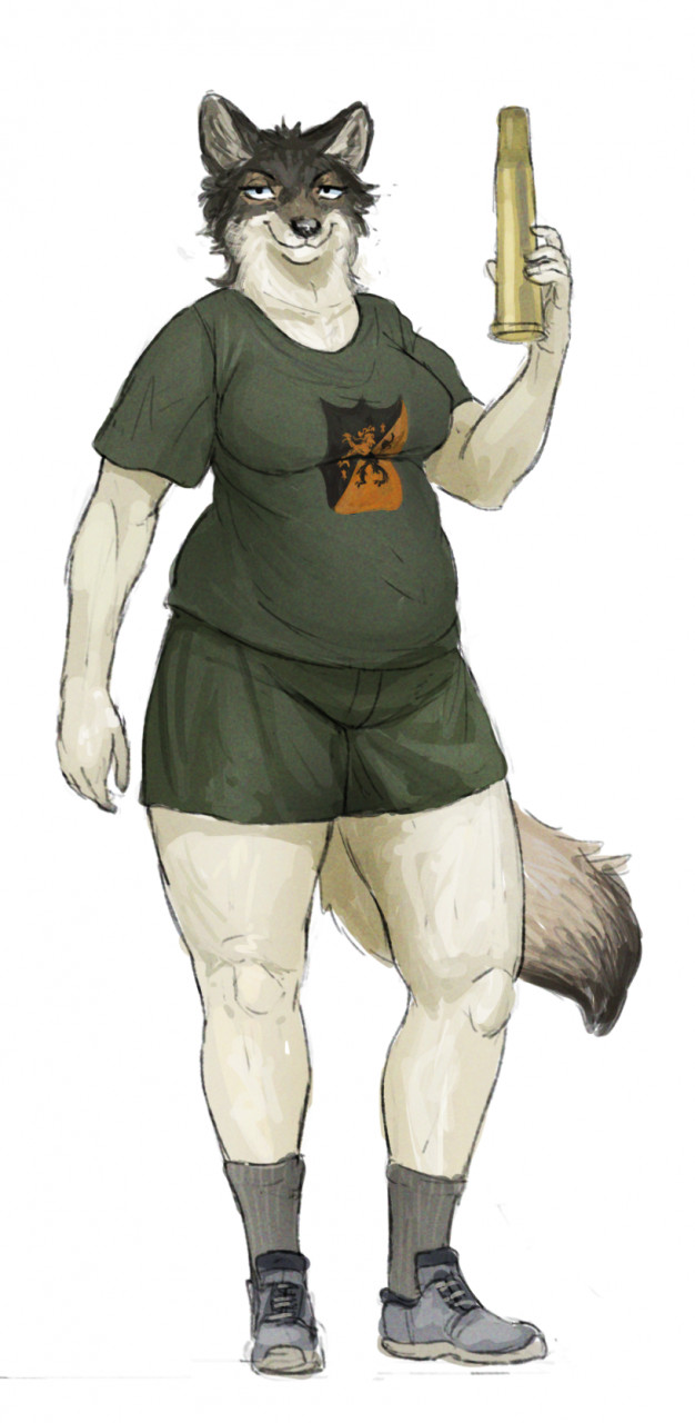 anthro clothed clothing female footwear fully_clothed fur green_clothing holding_object looking_at_viewer shell_(projectile) shell_casing shoes simple_background slightly_chubby slightly_chubby_anthro slightly_chubby_female smile socks solo standing tail white_background white_body white_fur cettus ulla_nystrom canid canine canis mammal wolf hi_res