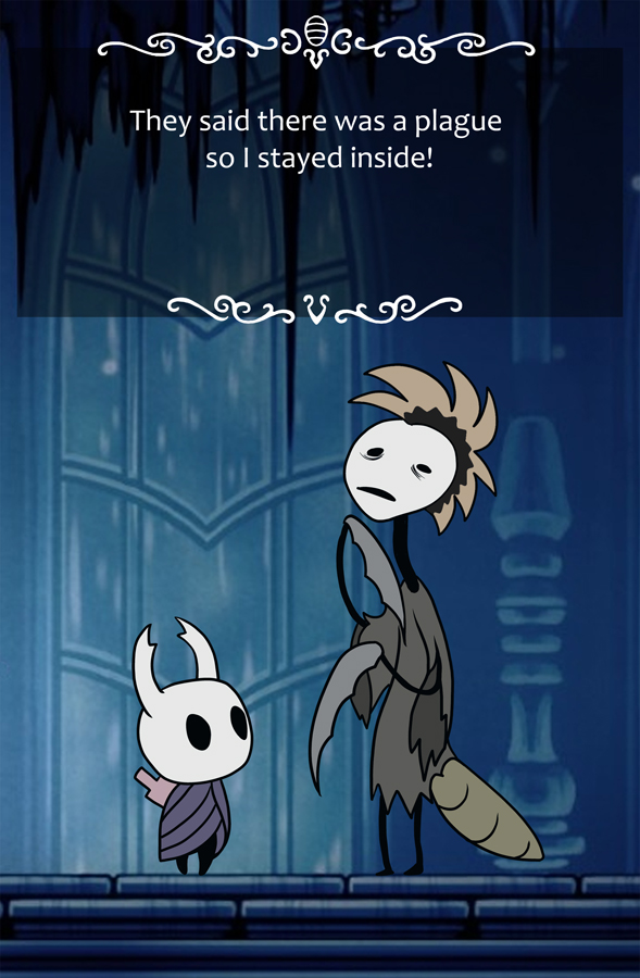 clothed clothing duo hair standing text hibbary hollow_knight team_cherry fan_character the_knight_(hollow_knight) vessel_(species) 2023 english_text