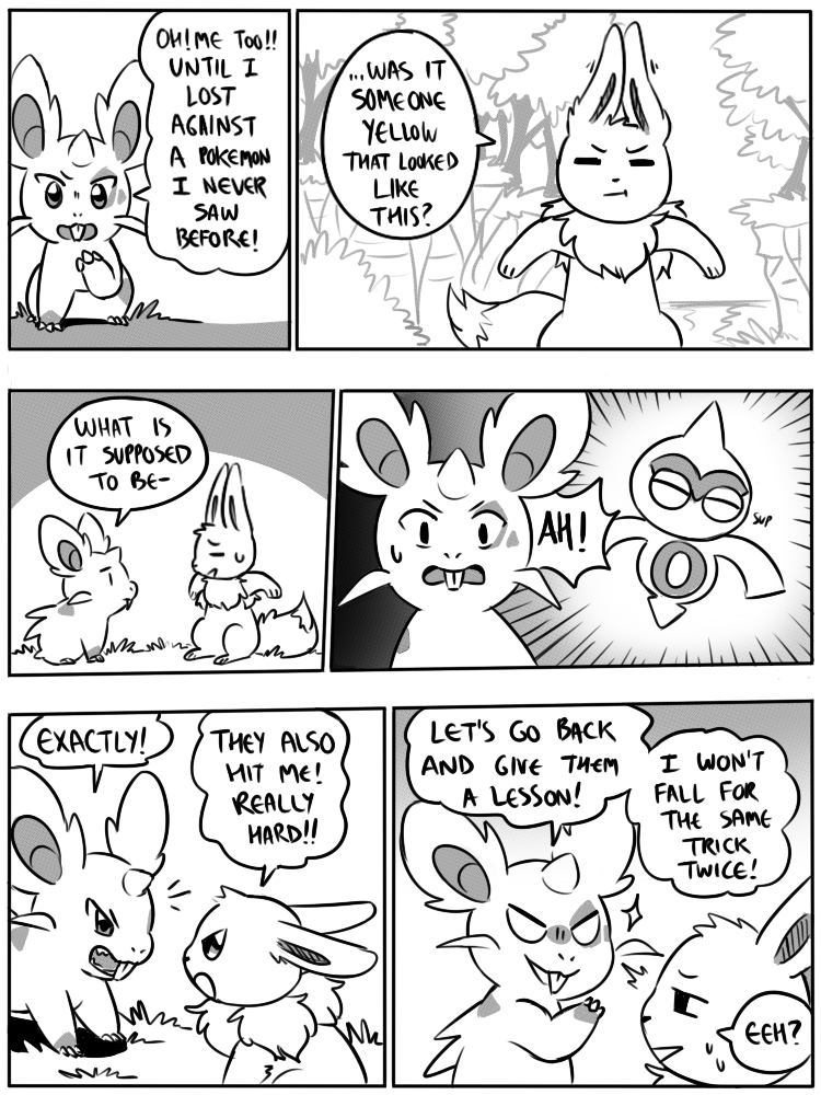 6_panel_comic ambiguous_gender black_eyes black_nose black_text bodily_fluids branch claws dialogue duo exclamation_point eyebrows eyes_closed feral finger_claws fluffy fluffy_tail fur horn looking_at_another motion_lines mouth_closed neck_tuft open_mouth plant pupils question_mark sharp_teeth shrub sparkles speech_bubble standing sweat sweatdrop tail talking_to_another teeth text toe_claws tongue tree tuft white_sclera flavia-elric nintendo pokemon pokemon_mystery_dungeon spike_chunsoft lux_(yapc) rayne_(yapc) baltoy eevee generation_1_pokemon generation_3_pokemon nidoran nidoran♀ pokemon_(species) 2019 3:4 comic digital_media_(artwork) english_text greyscale monochrome