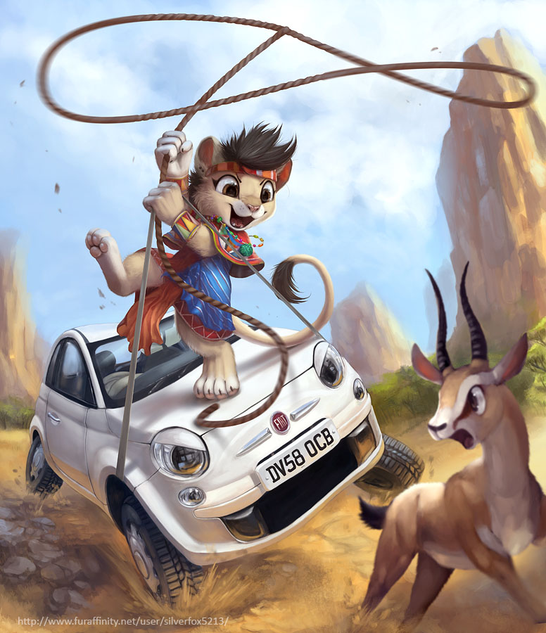 ambiguous_gender anthro car clothing cloud duo feral hunter lasso male on_hood open_mouth outside sky tribal vehicle silverfox5213 fiat fiat_500 antelope bovid felid gazelle lion mammal pantherine digital_media_(artwork) digital_painting_(artwork)