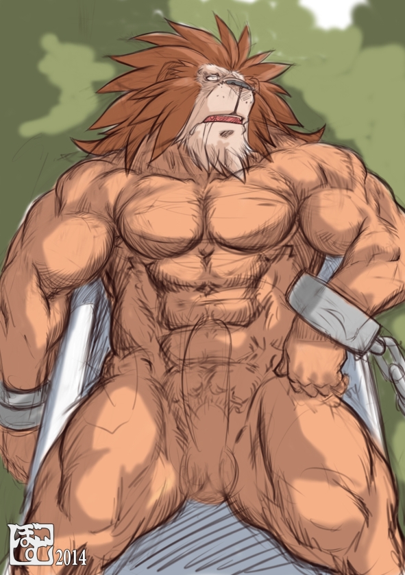 anthro big_muscles bodily_fluids bound looking_pleasured male muscular muscular_anthro muscular_male nude pecs saliva solo submissive submissive_male torogao bomb_(artist) red_earth leo_(red_earth) felid lion mammal pantherine