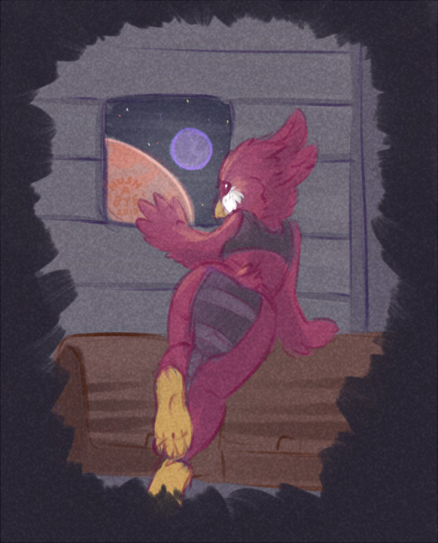 anthro beak bottomwear butt clothed clothing female loincloth skimpy solo space hush-a-bye starbound avian avian_(starbound) bird