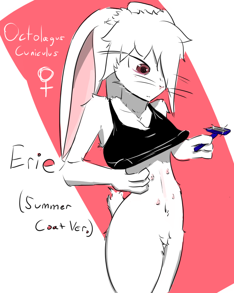 anthro big_eyes black_bra black_clothing black_underwear bottomless bra bra_only breasts cleavage clothed clothing eyelashes featureless_crotch female female_symbol fingers floppy_ears fur gender_symbol geometric_background hair hair_over_eye holding_object holding_razor holding_tool lop_ears mouth_closed multi_nipple nipples pink_nose pupils razor red_eyes scut_tail shaving short_tail simple_background slim solo standing symbol tail text three-quarter_view tools underwear underwear_only whiskers white_body white_fur white_hair 4chan_anon lagomorph leporid mammal rabbit 2023 cel_shading character_name digital_media_(artwork) english_text portrait shaded three-quarter_portrait