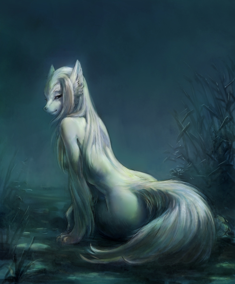 anthro arm_fur claws female fur hair lidded_eyes long_hair solo white_body white_fur 12-tf unknown_artist canid canine canis fox mammal wolf