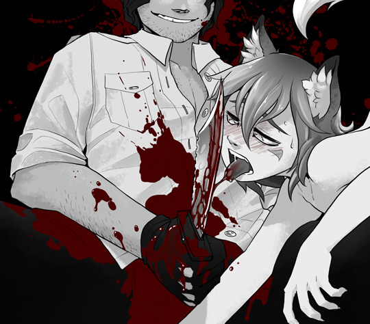 blood blush bodily_fluids claws clothed clothing duo ear_tuft gloves gore hair handwear knife male male/male open_mouth sweat teeth tongue tuft gatobob boyfriend_to_death ren_hana strade_(gatobob) animal_humanoid beastkin_(gatobob) canid canine fox human humanoid mammal