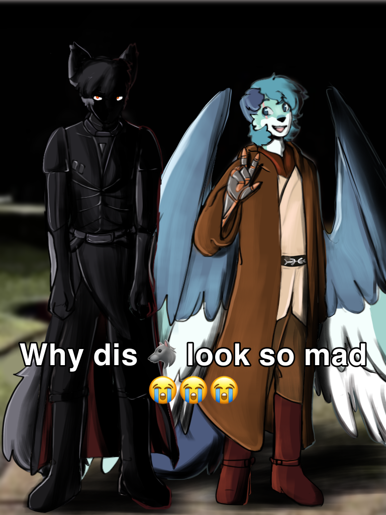 anthro duo emoji eye_scar facial_scar fur grey_body grey_fur grey_hair hair jedi jedi_tunic male prosthetic prosthetic_arm prosthetic_limb scar sith teal_body teal_fur text white_body white_fur wings lazzyrazzy star_wars why_dis_look_so_mad_(meme) aitos_silkheart keyan_farlander canid canine canis colbahound mammal wolf 3:4 meme