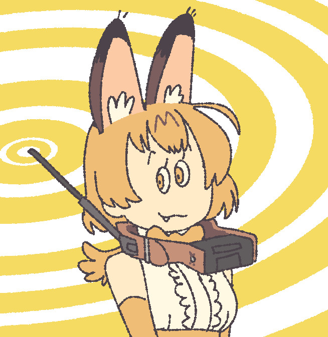 ahoge antenna_wire armwear big_collar big_ears blonde_hair bow_tie clothed clothing collar ear_tuft ears_up elbow_gloves electronics eyebrows eyelashes fangs female frilly frilly_clothing geometric_background gloves hair handwear mouth_closed orange_eyes radio_collar raised_eyebrow simple_background small_fangs solo teeth tuft yellow_background farfin kemono_friends serval-chan animal_humanoid felid felid_humanoid feline feline_humanoid humanoid mammal mammal_humanoid serval_humanoid digital_media_(artwork)